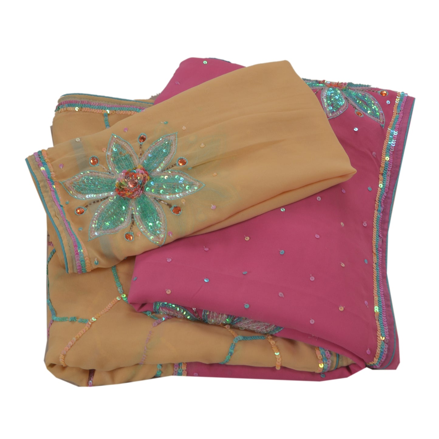 Sanskriti Vintage Saree Georgette Hand Beaded Pink Sustainable Fabric Premium Ethnic Sari