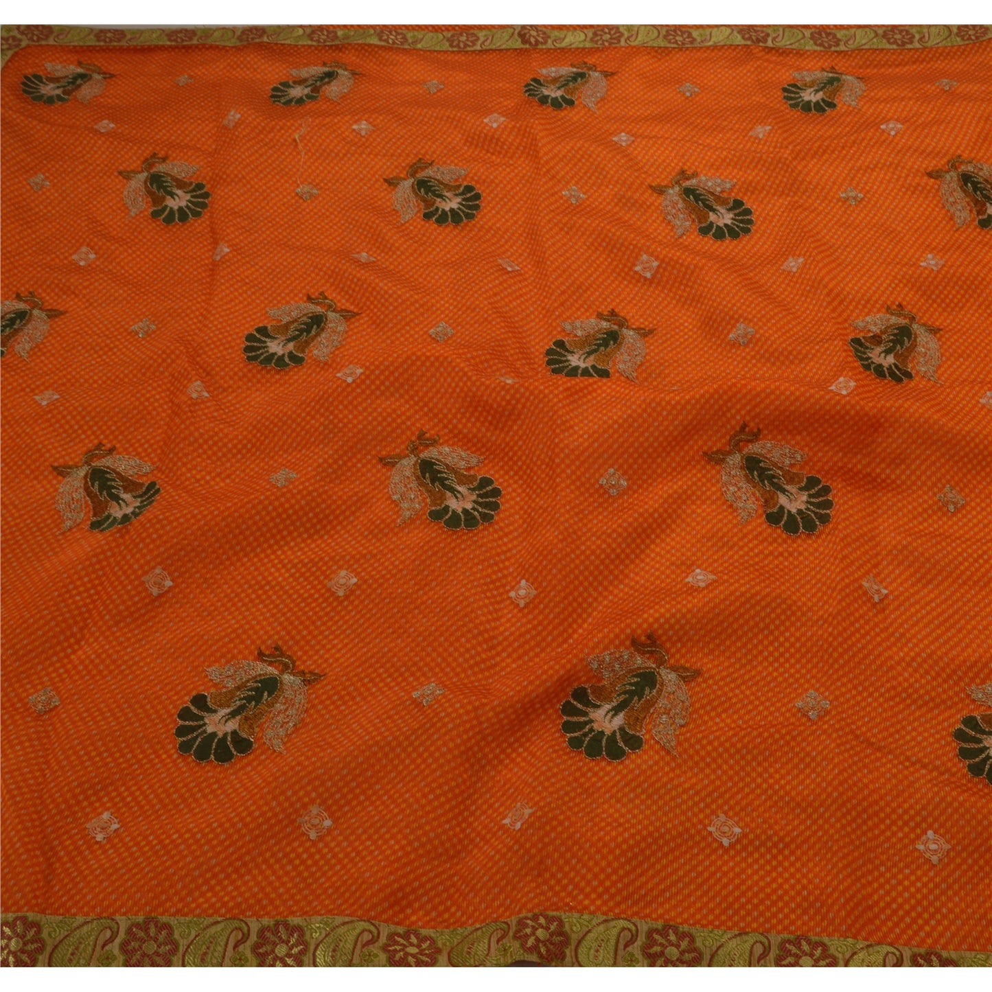 Sanskriti Vintage Indisk Sari Kunstsilke Broderet Orange Bæredygtigt Stof Håndværkssari