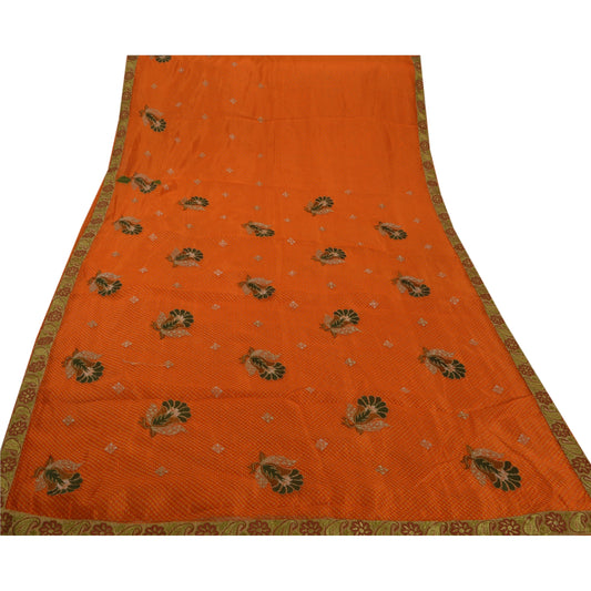 Sanskriti Vintage Indian Saree Art Silk Embroidered Orange Sustainable Fabric Craft Sari