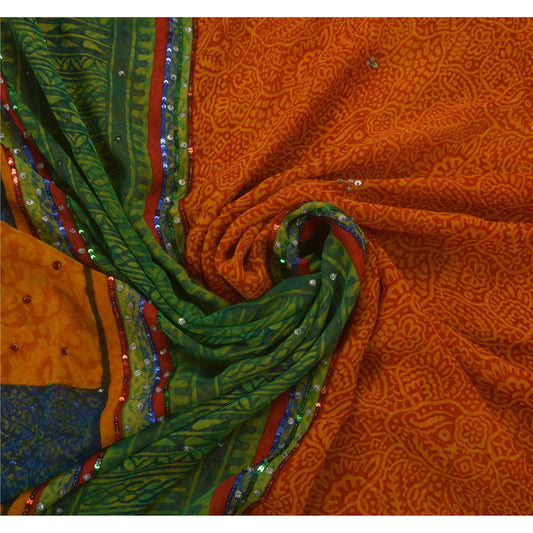 Sanskriti Vintage Indian Saree 100% Pure Georgette Silk Hand Beaded Sustainable Fabric Sari