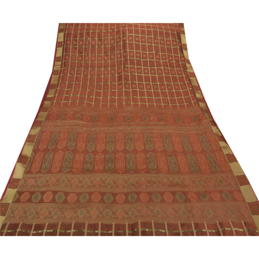 Sanskriti Vintage Saree Art Silk Woven Brocade Brown Sustainable Fabric Premium 5 Yd Sari