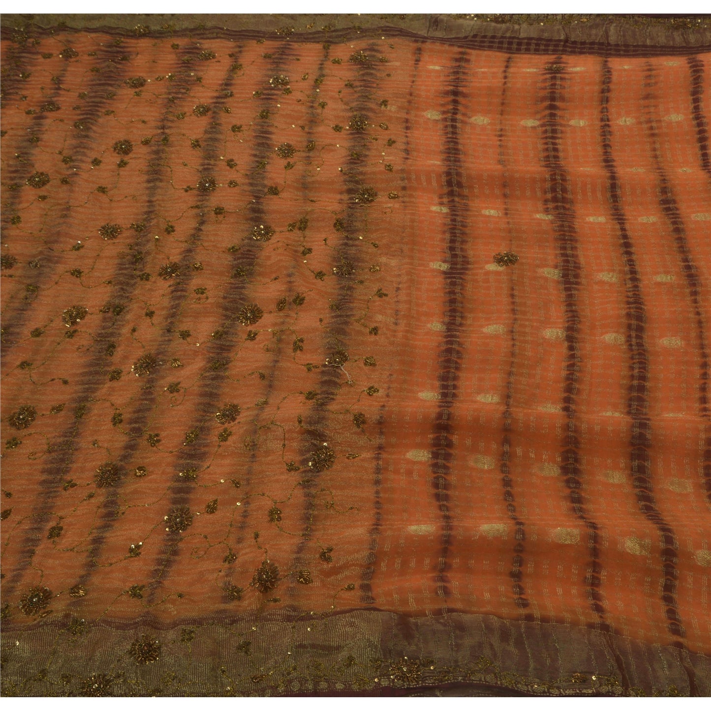 Sanskriti Vintage Orange Leheria Saree Blend Georgette Hand Beaded Sustainable Fabric Sari