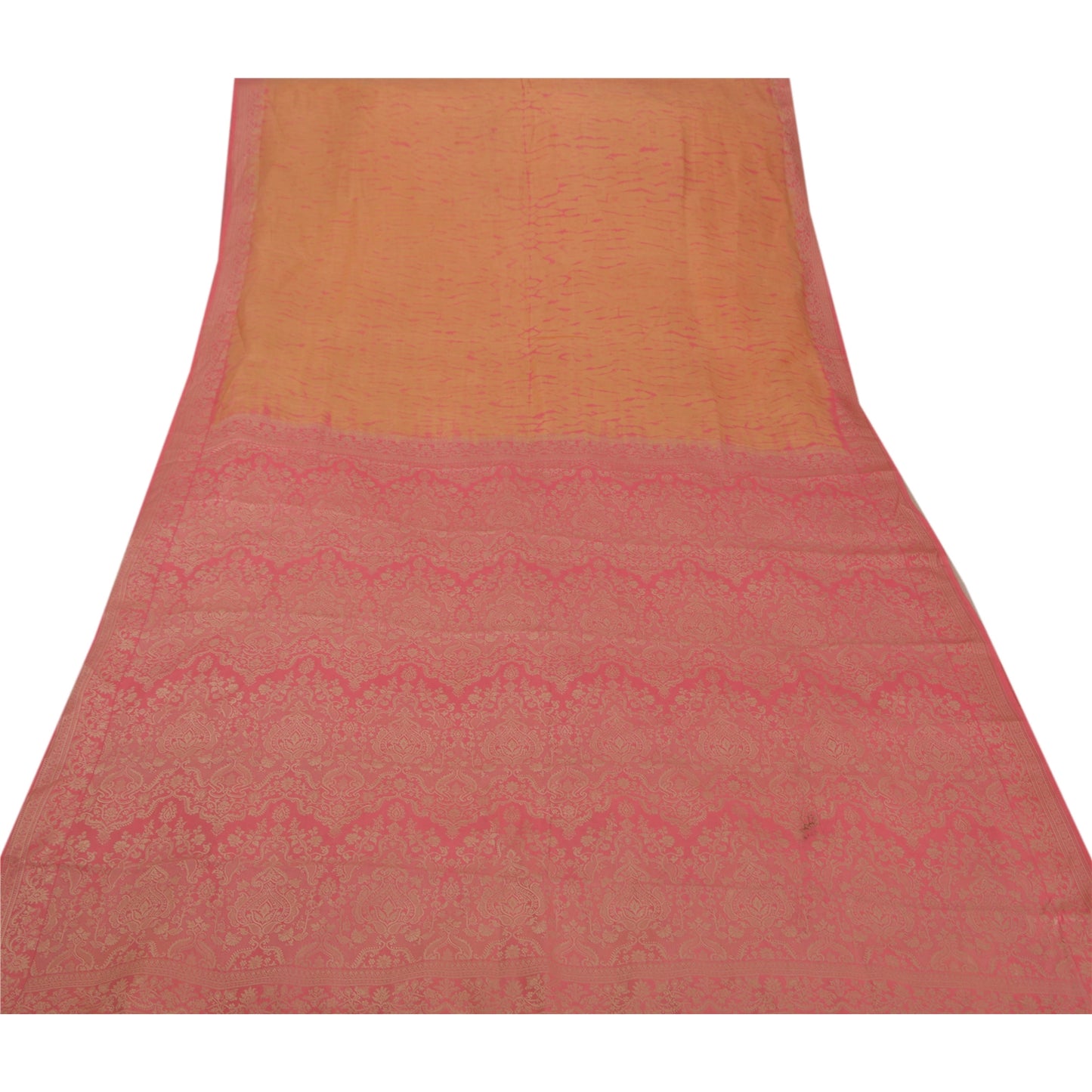Sanskriti Vintage Saree 100% Pure Silk Woven Pink Sustainable Fabric 5 Yd Leheria Sari