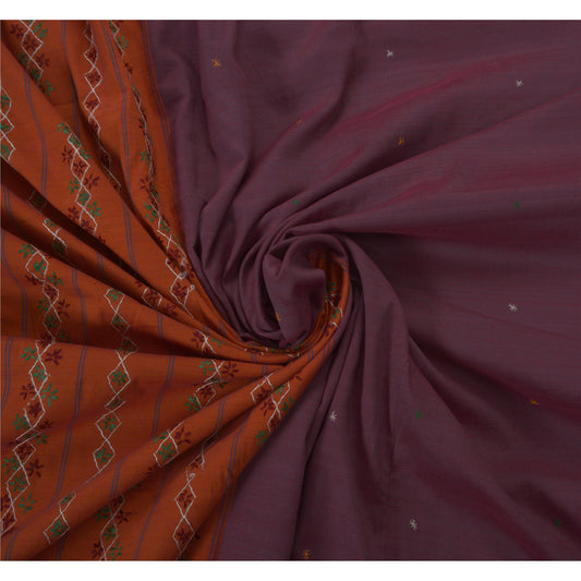 Sanskriti Vintage Saree Cotton Hand Embroidered Purple Sustainable Fabric Premium 5 Yd Sari