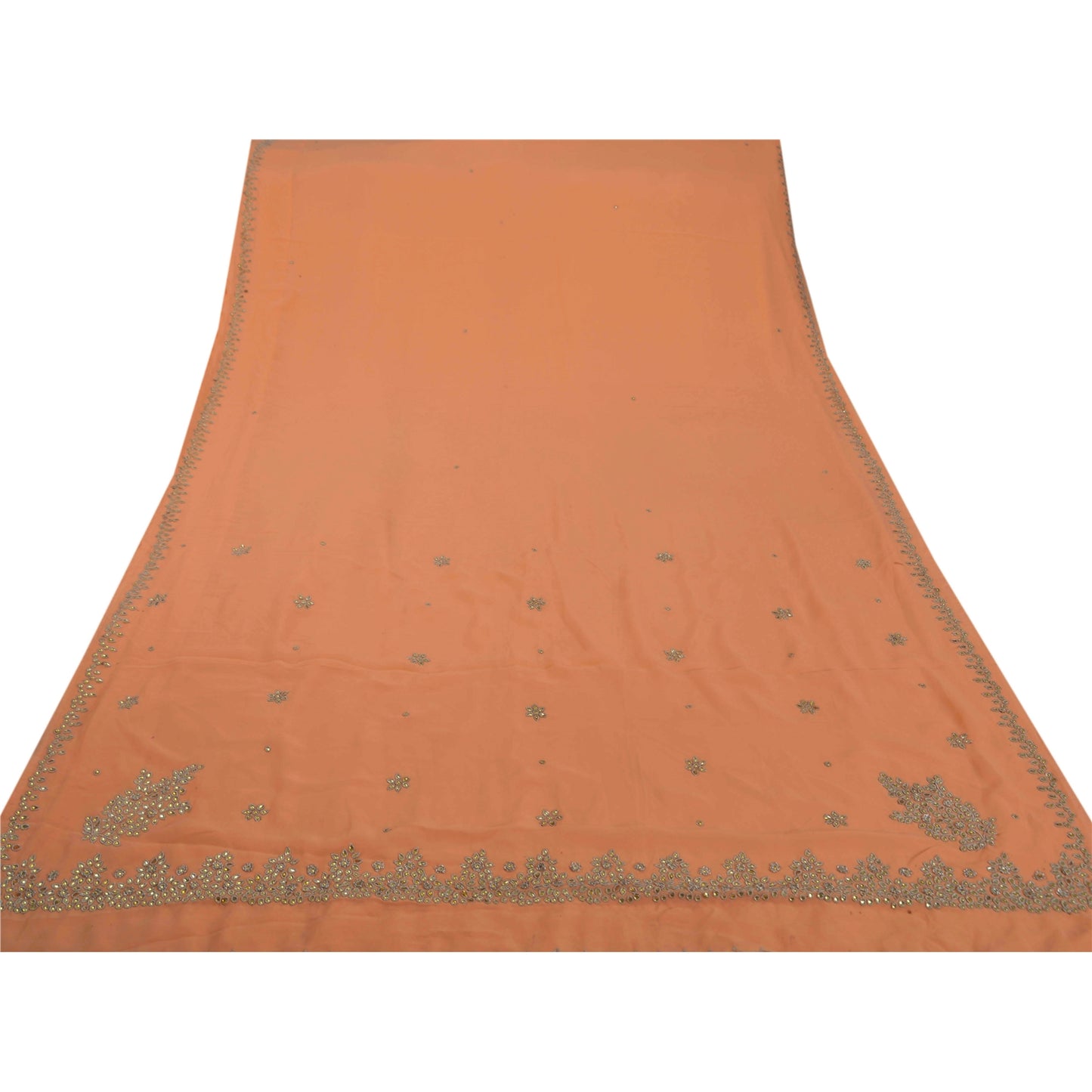 Sanskriti Vintage Saree Georgette Hand Beaded Peach Sustainable Fabric Premium Cultural Sari