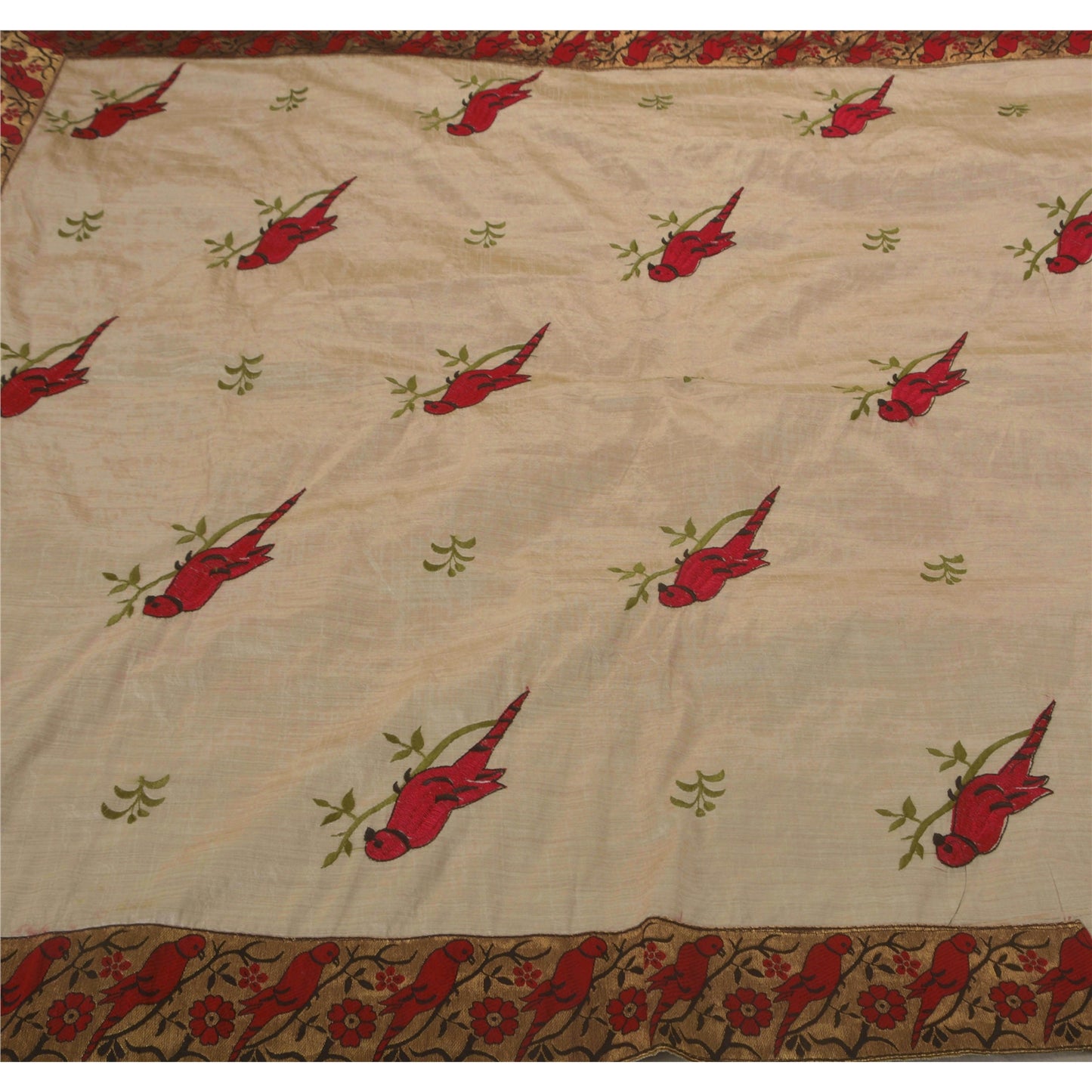 Sanskriti Vintage Saree Art Silk Embroidered White Craft Sustainable Fabric Premium 5Yd Sari
