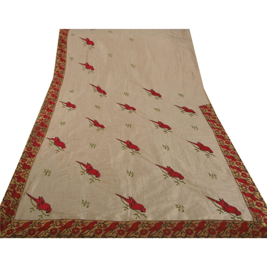 Sanskriti Vintage Saree Art Silk Embroidered White Craft Sustainable Fabric Premium 5Yd Sari