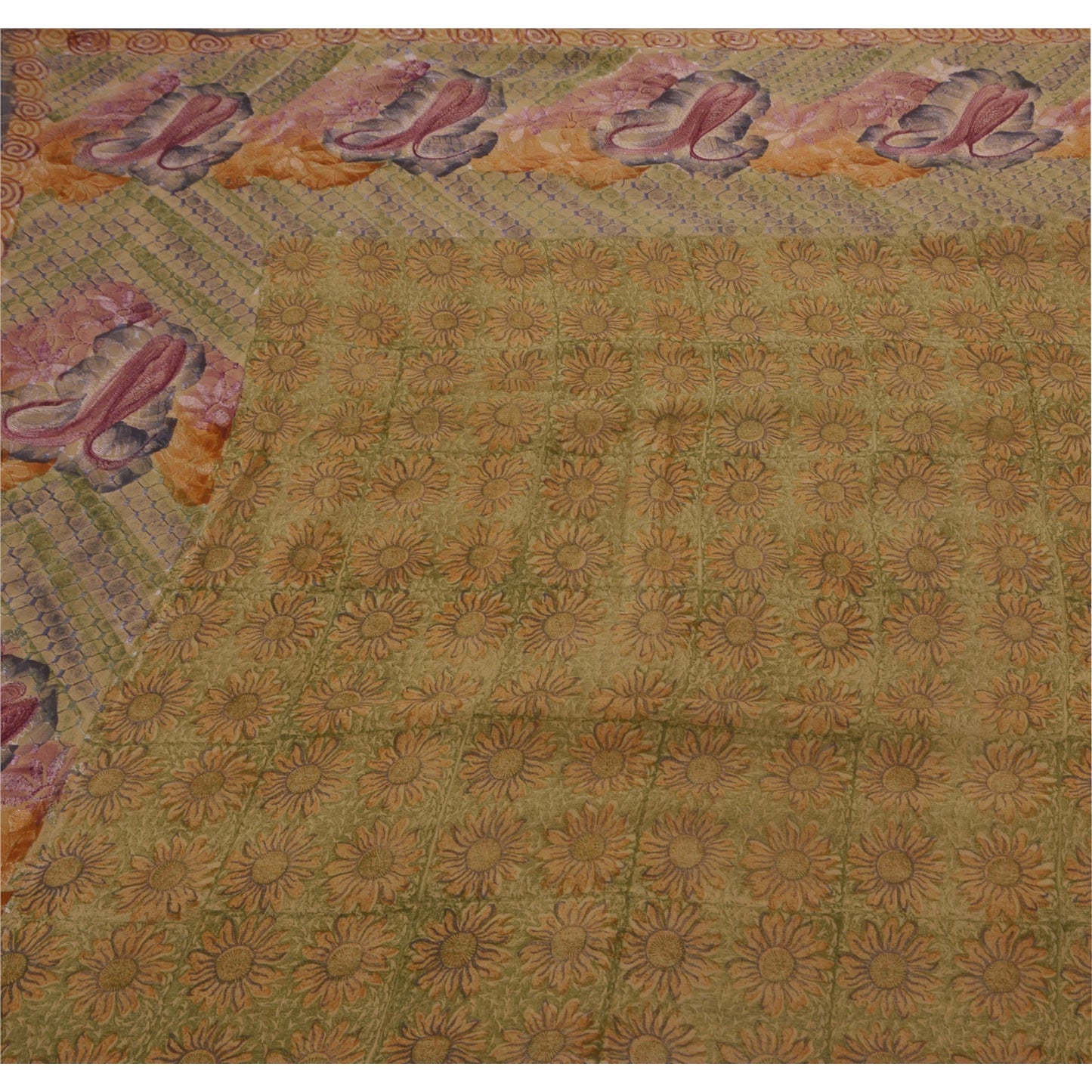 Sanskriti Vintage Antique Saree 100% Pure Georgette Silk Embroidered Sustainable Fabric 5 Yd Sari