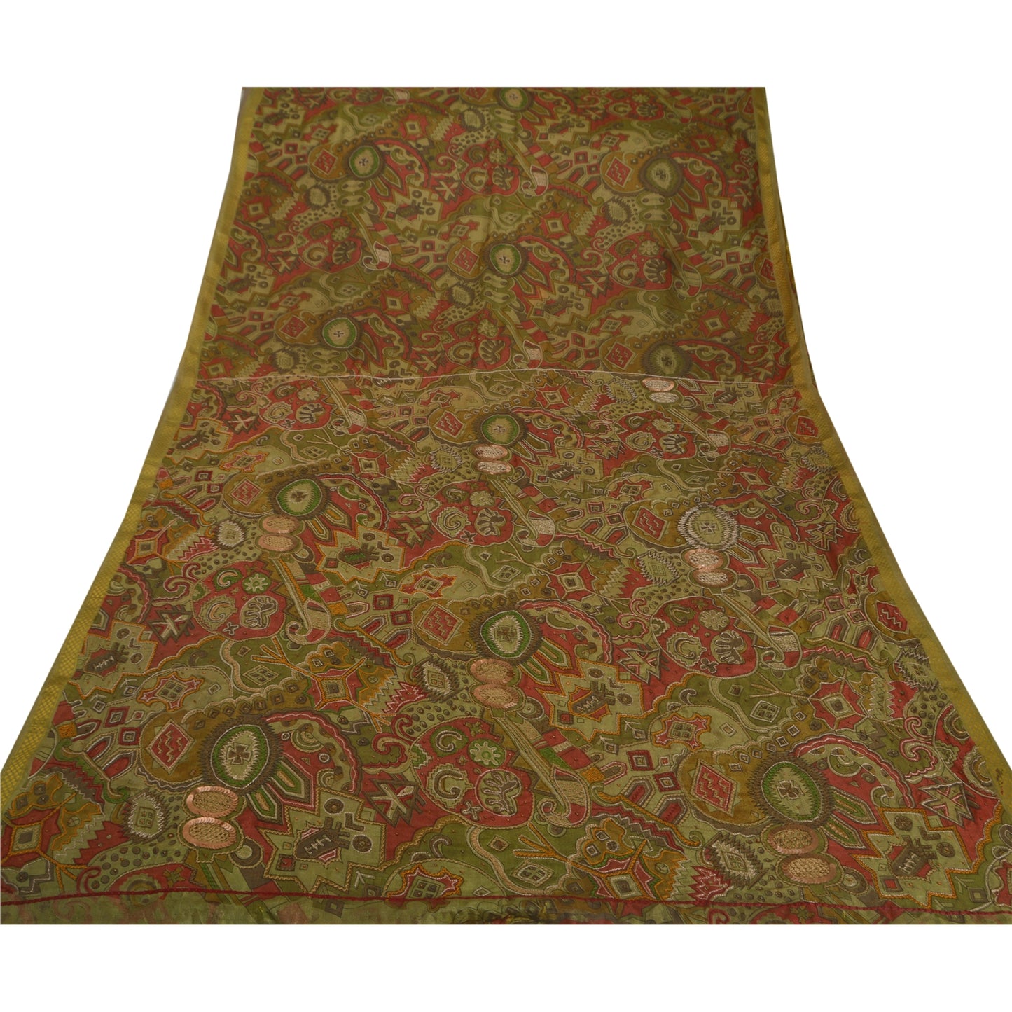 Sanskriti Vintage Sari Kunstsilke Håndperlet Grønt Bæredygtigt Stof 5 Yard Premium Håndlavet Sari