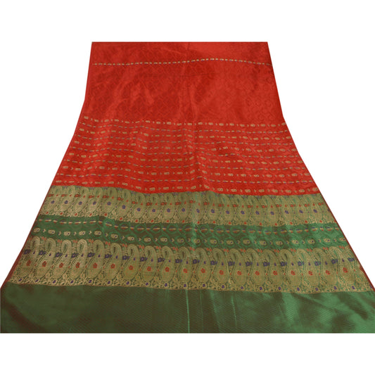 Sanskriti Vintage Sari Kunstsilke Vævet Rød Bæredygtigt Stof 5 Yard Premium Håndværkssari