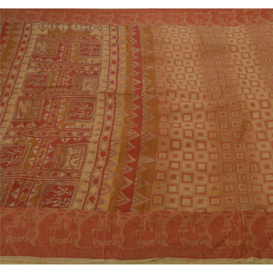 Sanskriti Vintage Saree 100% Pure Organza Silk Printed Brown Sustainable Fabric 5 Yd Sari