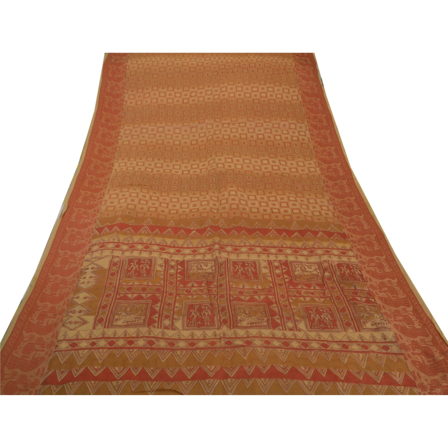 Sanskriti Vintage Saree 100% Pure Organza Silk Printed Brown Sustainable Fabric 5 Yd Sari