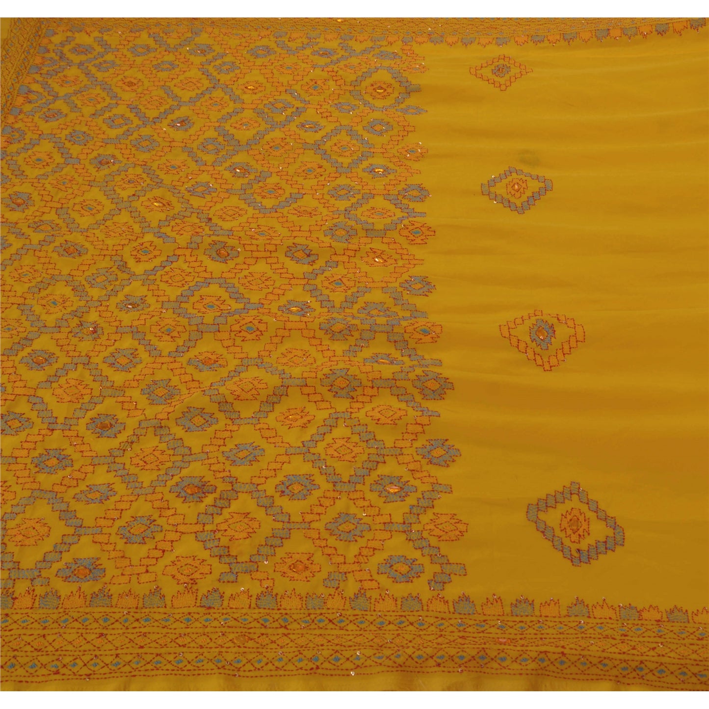 Sanskriti Vintage Saree Georgette Hand Beaded Yellow Sustainable Fabric 5 Yd Premium Sari