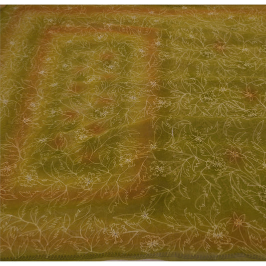 Sanskriti Vintage Saree Pure Chiffon Silk Embroidered Green Sustainable Fabric Craft Sari