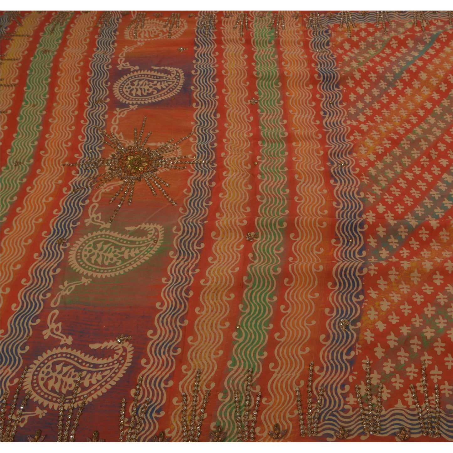 Sanskriti Vintage Saree Pure Crepe Silk Hand Beaded Multicolor Sustainable Fabric Sari 5 Yd