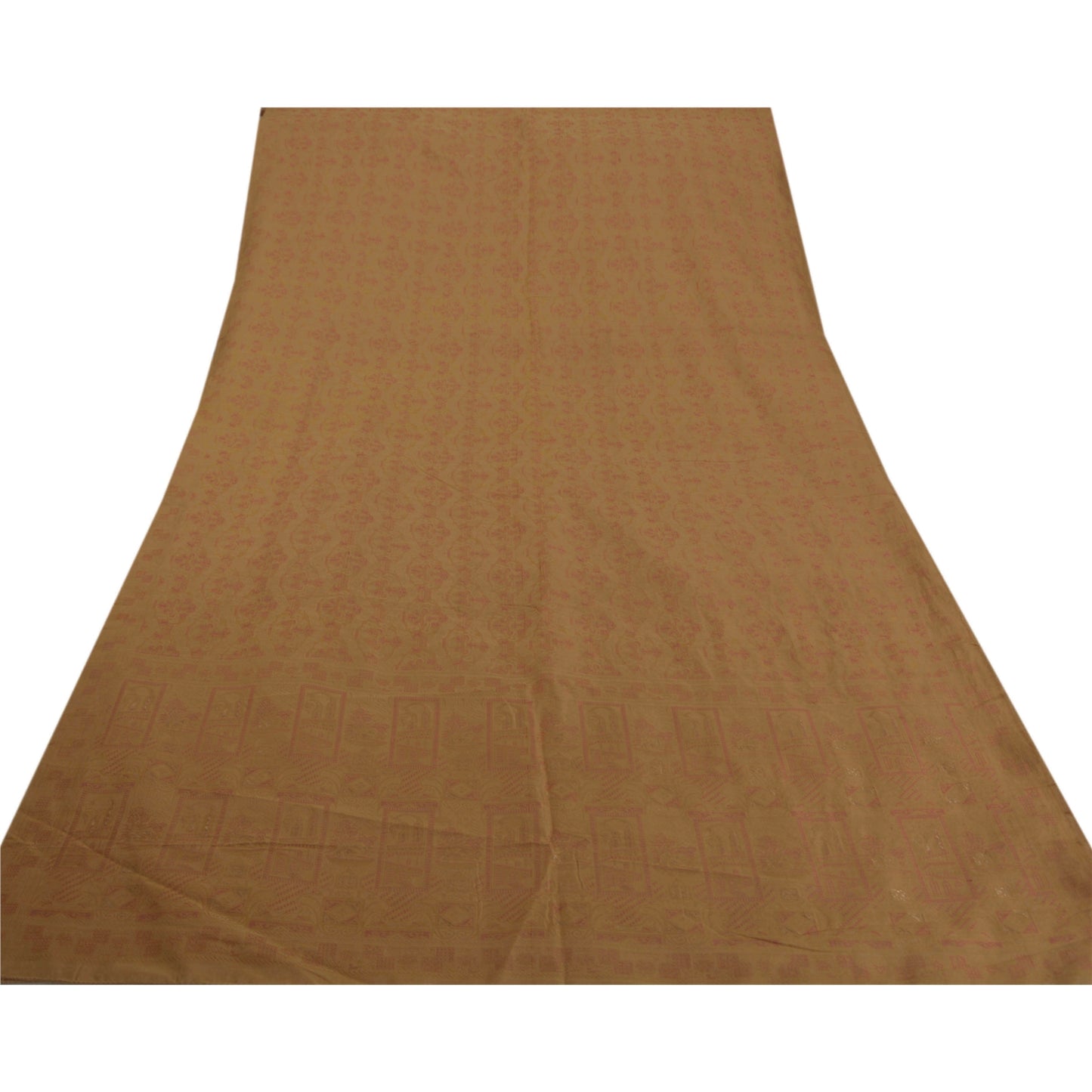 Sanskriti Vintage Saree 100% Pure Silk Woven Work Beige Sustainable Fabric Sari Cultural