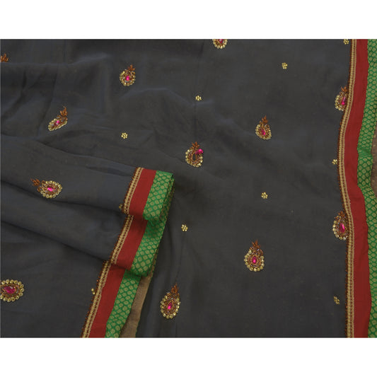 Sanskriti Vintage Blue Saree Pure Georgette Silk Hand Beaded Ethnic Sustainable Fabric Sari