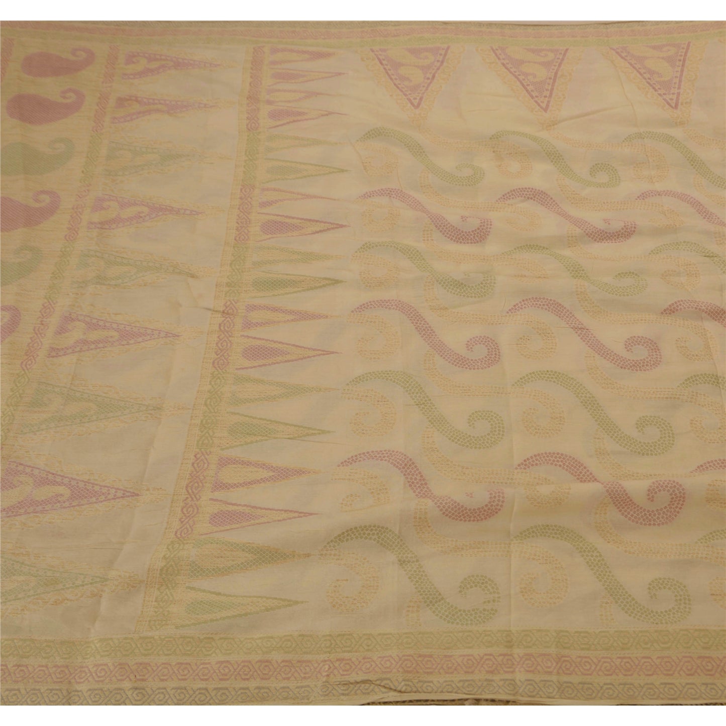 Sanskriti Vintage Cremefarvet Sari 100% Ren Silke Vævet Håndværk Bæredygtigt Stoff Indisk Sari