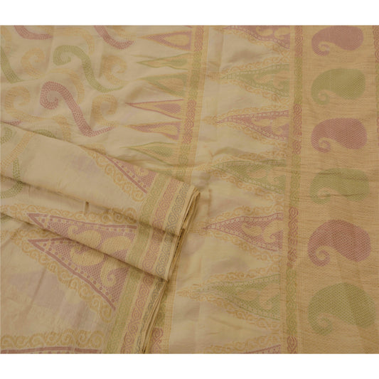 Sanskriti Vintage Cremefarvet Sari 100% Ren Silke Vævet Håndværk Bæredygtigt Stoff Indisk Sari