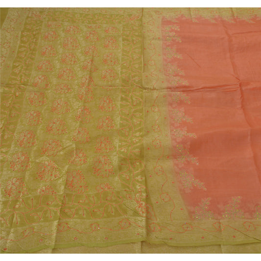 Sanskriti Vintage Peach Sari 100% Ren Silke Håndperlet Håndværksmæssigt Bæredygtigt Stoff Sari