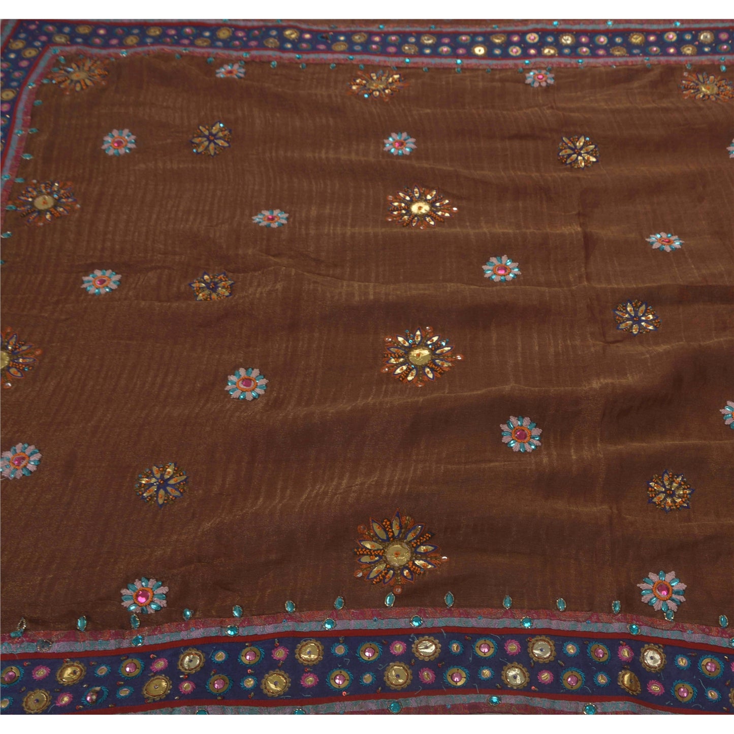 Sanskriti Vintage Brown Saree Blend Georgette Hand Beaded Sustainable Fabric Cultural Sari