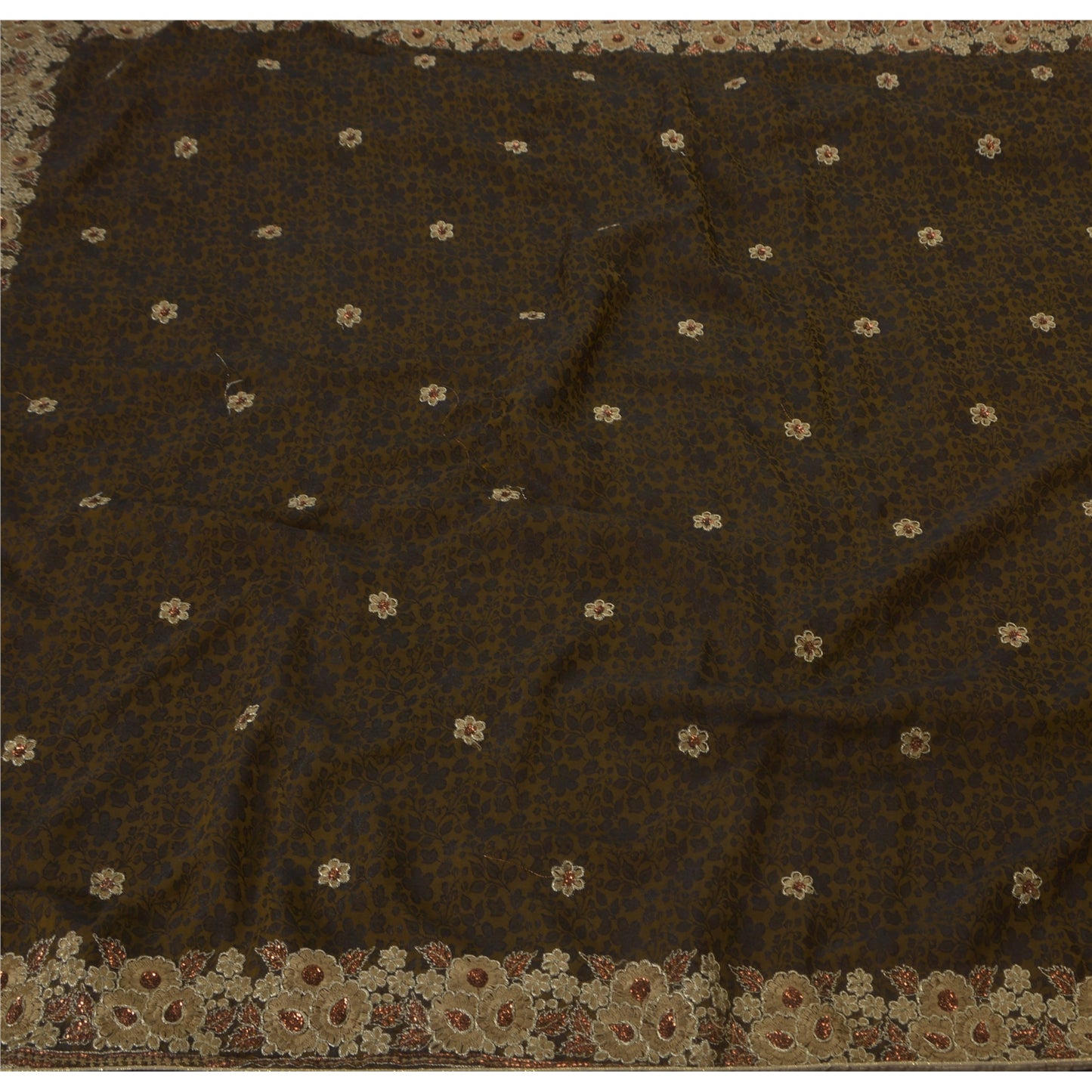 Sanskriti Vintage Green Saree Art Silk Hand Beaded Sustainable Fabric 5 Yd Sari Premium