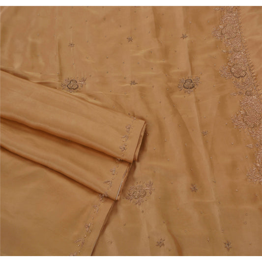 Sanskriti Vintage Brun Sari Satin Håndperlet Håndværk Bæredygtigt Stoff Kulturel 5 Yard Sari
