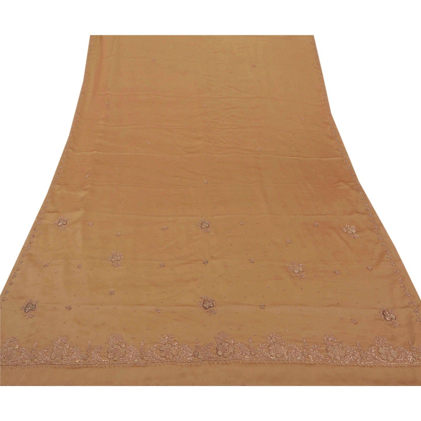 Sanskriti Vintage Brown Saree Satin Hand Beaded Craft Sustainable Fabric Cultural 5 Yd Sari