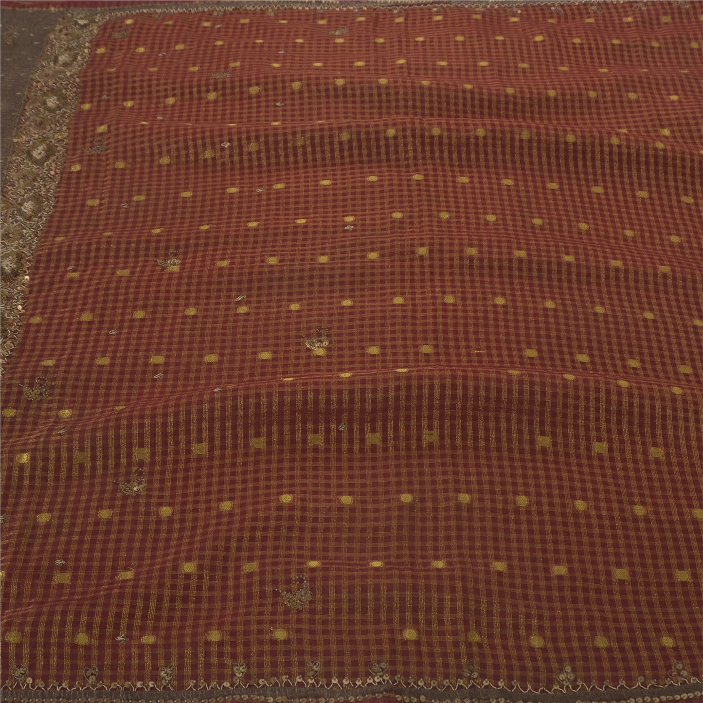 Sanskriti Vintage Red Saree Blend Georgette Hand Beaded Sustainable Fabric 5 Yd Premium Sari