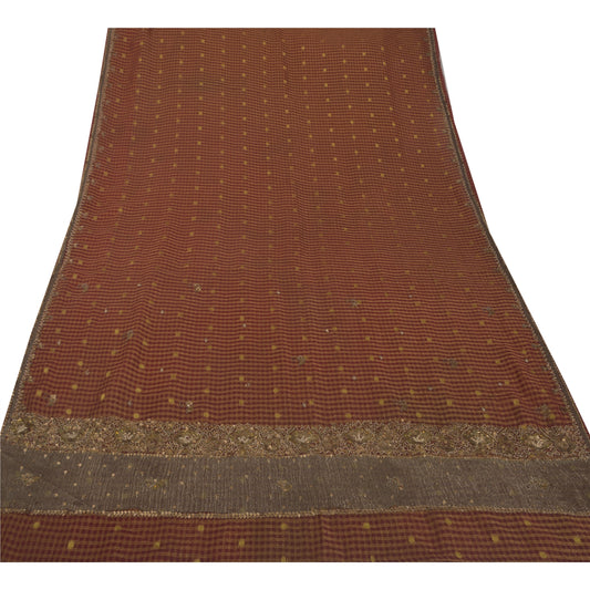 Sanskriti Vintage Rød Sari Blandet Georgette Håndperlet Bæredygtigt Stof 5 Yard Premium Sari