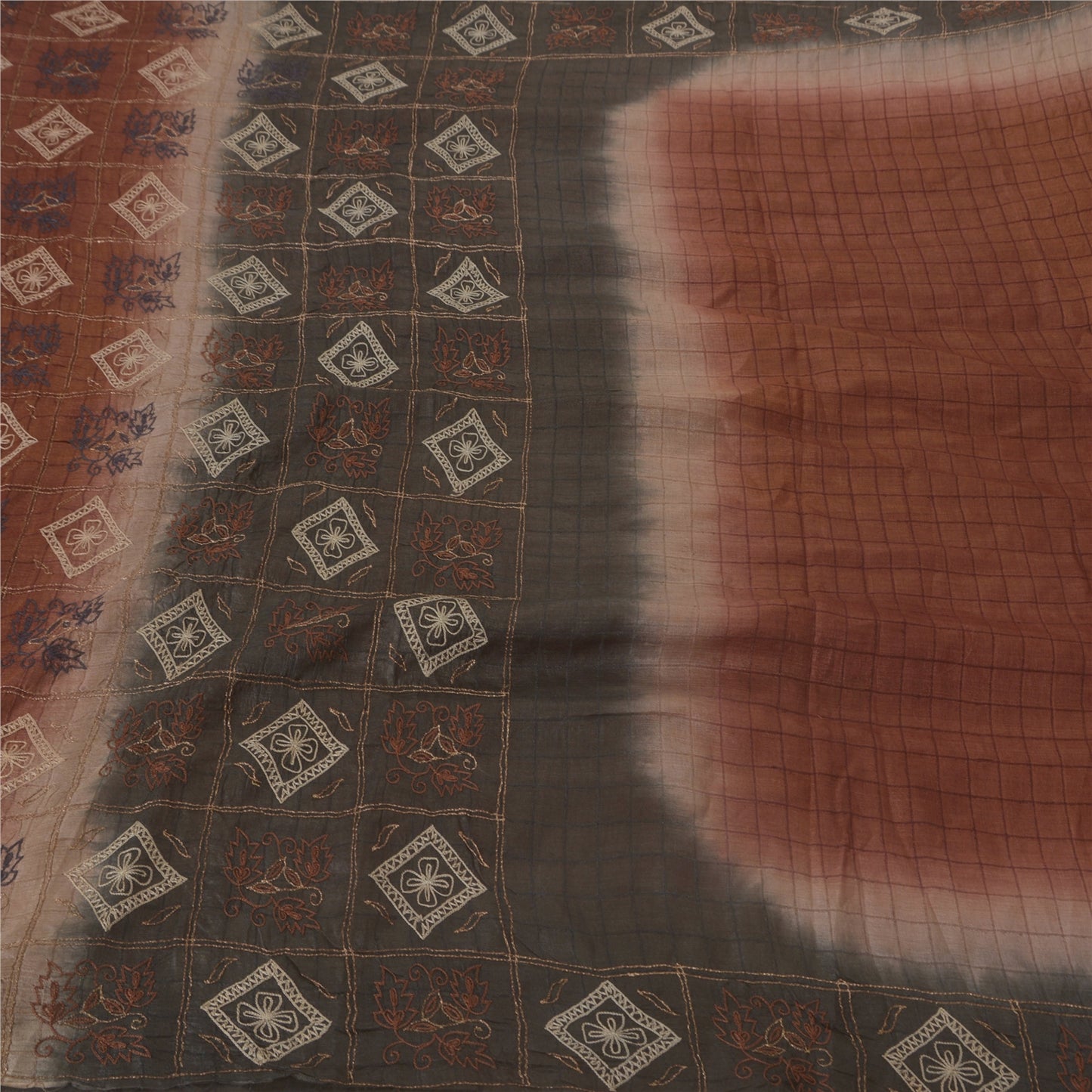 Sanskriti Vintage Brown Saree Pure Silk Hand Embroidered Craft Sustainable Fabric 5 Yd Sari