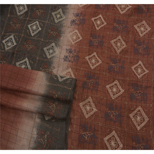 Sanskriti Vintage Brown Saree Pure Silk Hand Embroidered Craft Sustainable Fabric 5 Yd Sari