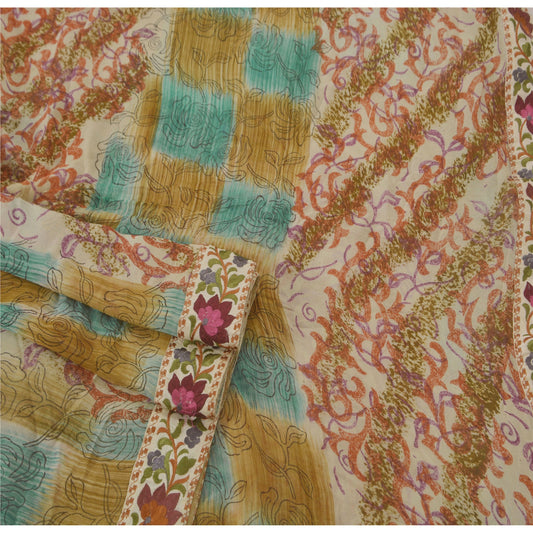 Sanskriti Vintage Cremefarvet Sari Blend Georgette Broderet Trykt Sari i Bæredygtigt Stoff