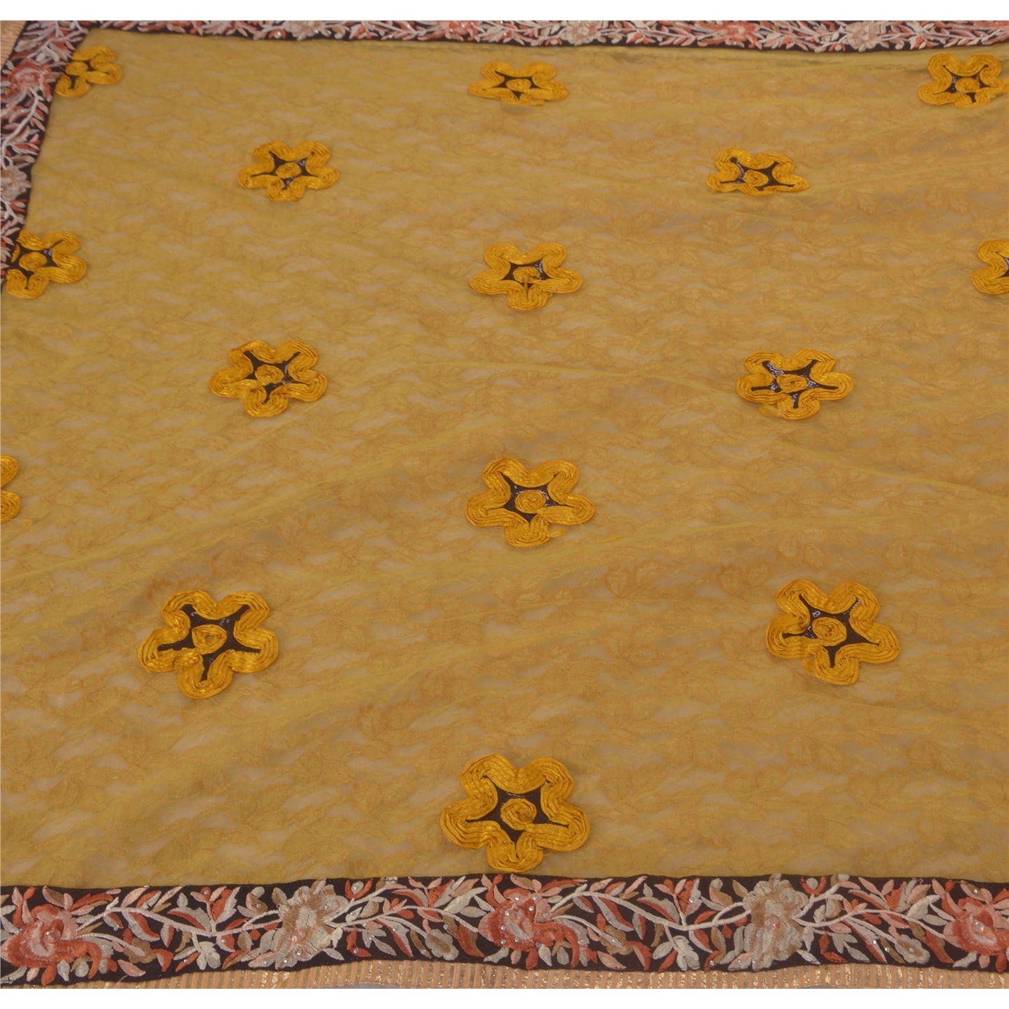 Sanskriti Vintage Yellow Saree Net Mesh Hand Beaded Craft Sustainable Fabric Premium Sari