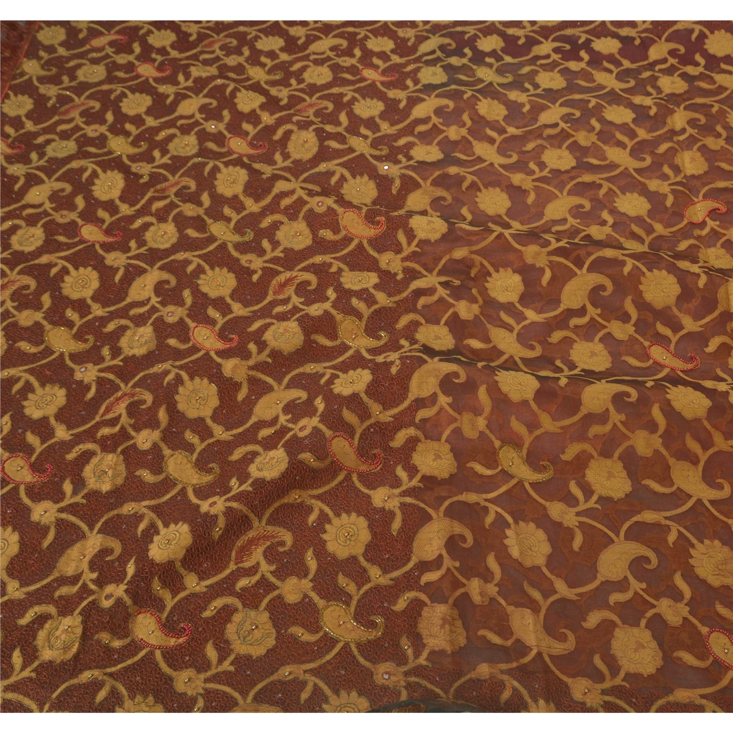 Sanskriti Vintage Brown Saree Pure Organza Silk Hand Beaded Sustainable Fabric Premium Sari