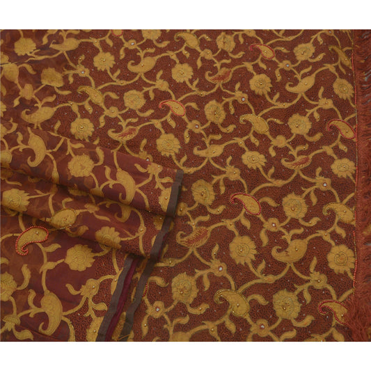 Sanskriti Vintage Brown Saree Pure Organza Silk Hand Beaded Sustainable Fabric Premium Sari