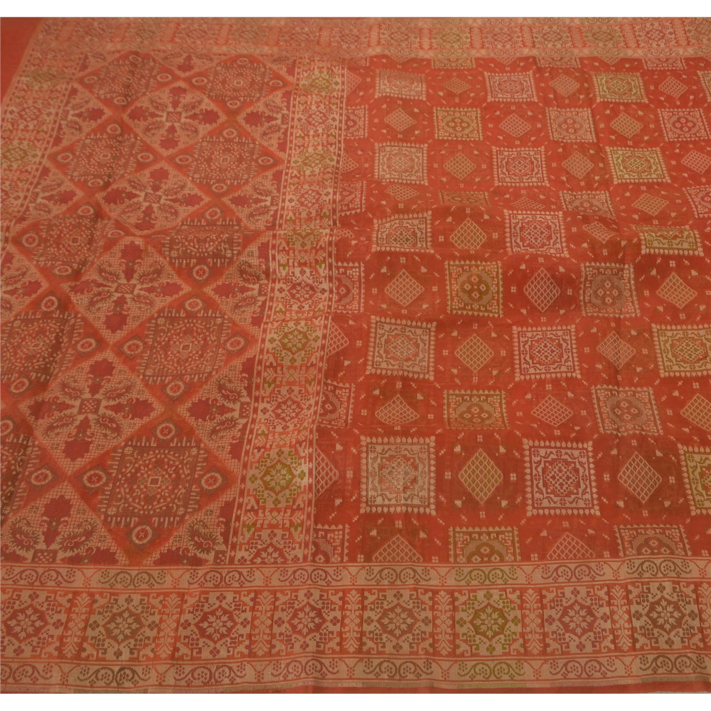 Sanskriti Vintage Orange Saree 100% Pure Silk Woven Sustainable Fabric Craft Premium Sari