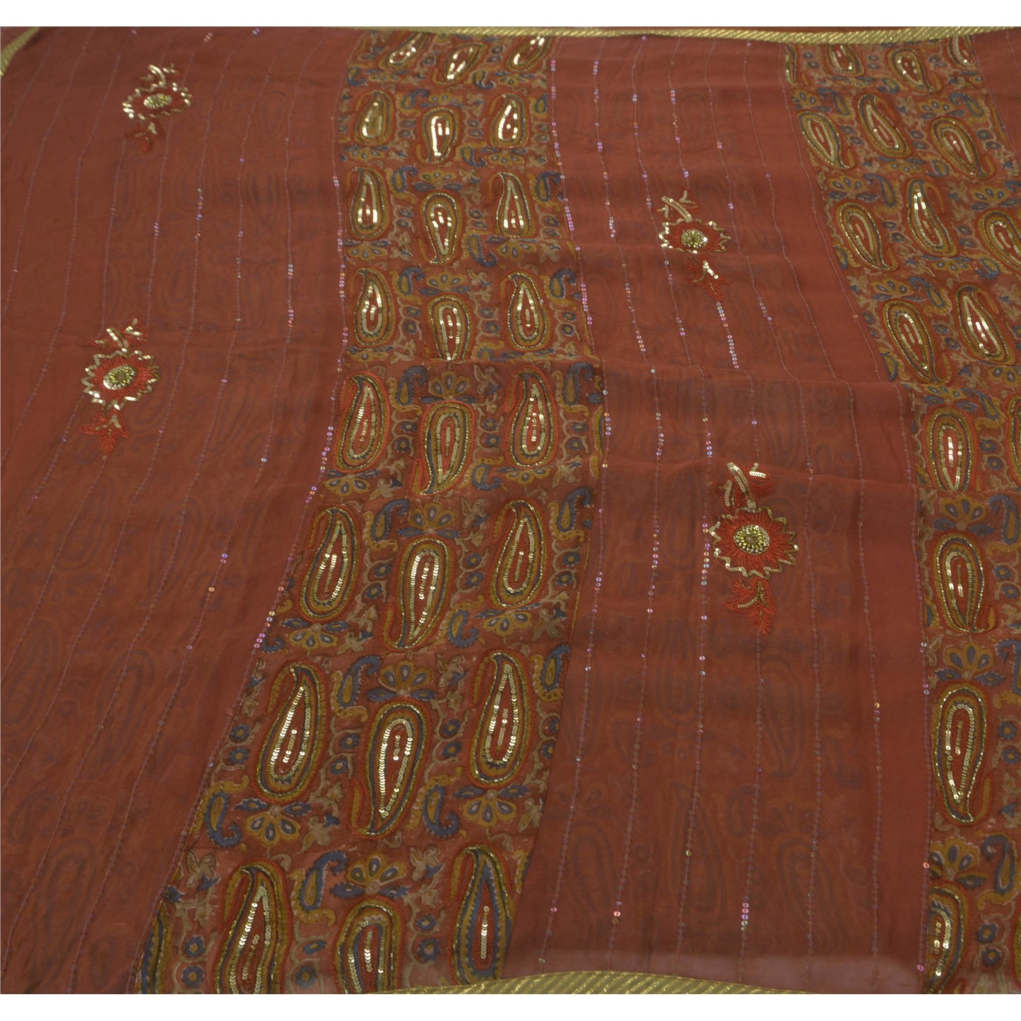 Sanskriti Vintage Orange Saree Blend Georgette Hand Beaded Sustainable Fabric Ethnic Sari