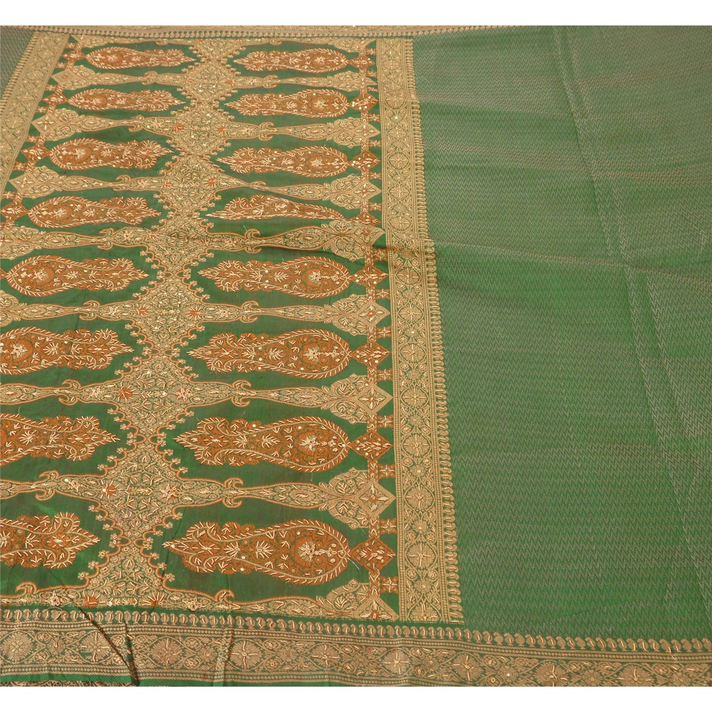 Sanskriti Vintage Green Saree Blend Cotton Woven Hand Beaded Craft Sustainable Fabric Sari