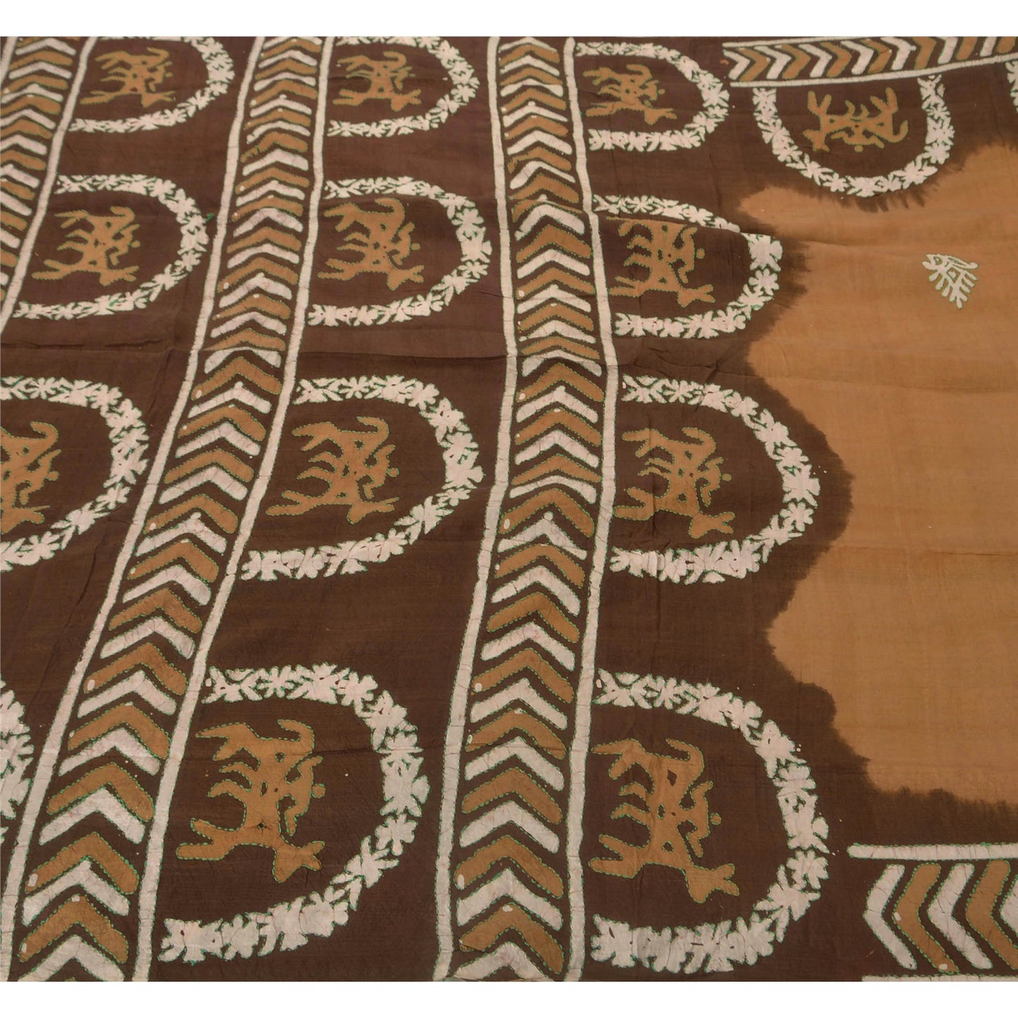 Sanskriti Vintage Brown Saree 100% Pure Silk Batik Work Craft Sustainable Fabric 5 Yd Sari