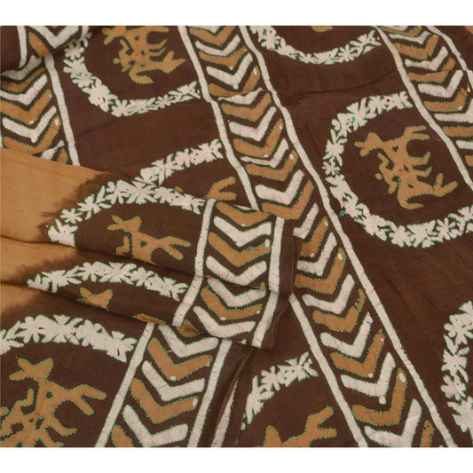 Sanskriti Vintage Brun Sari 100% Ren Silke Batik Håndværk Bæredygtigt Stof 5 Yard Sari