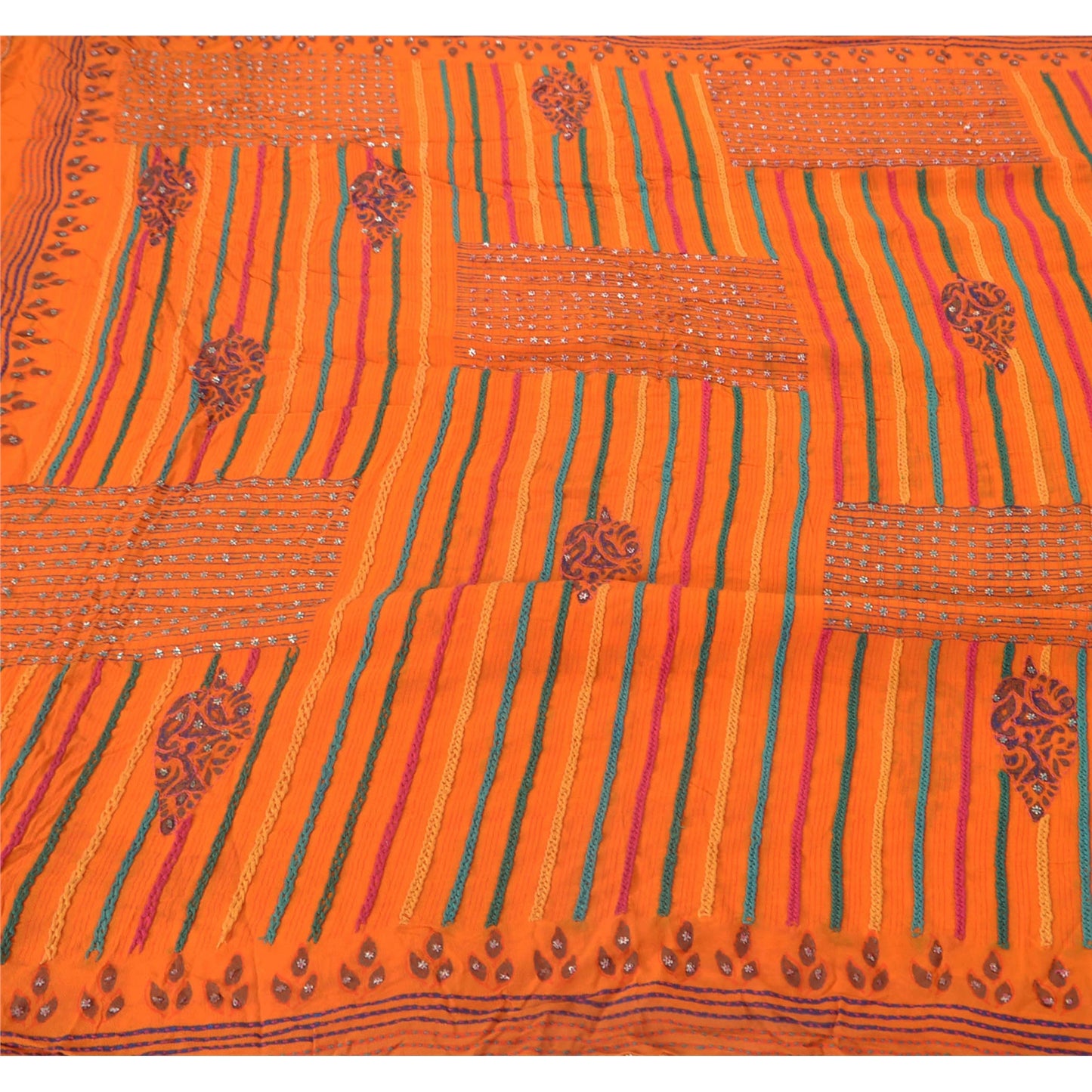 Sanskriti Vintage Orange Saree Blend Georgette Hand Beaded Sustainable Fabric Premium Sari