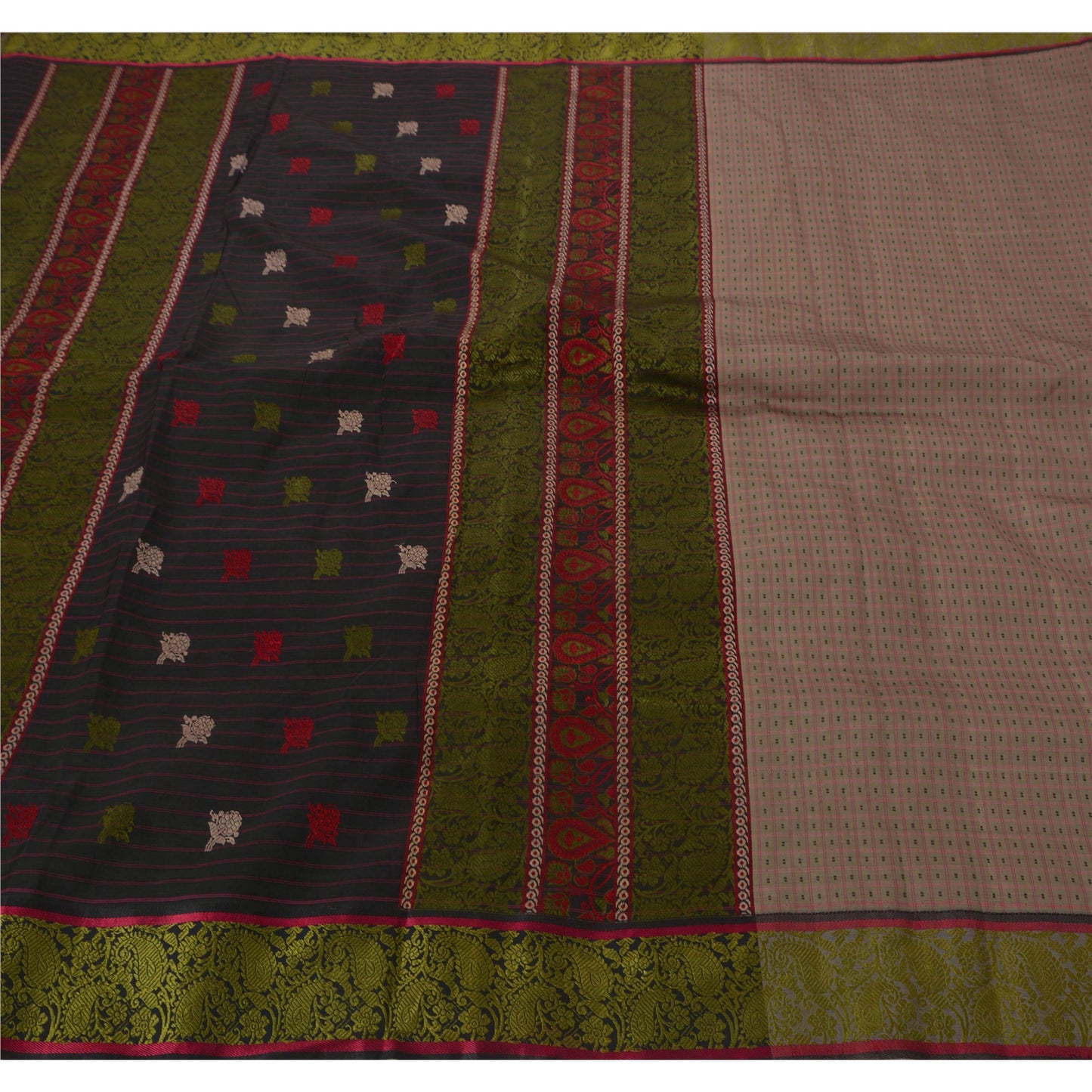 Sanskriti Vintage Cream Saree Art Silk Woven 5 Yd Sustainable Fabric Craft Premium Sari