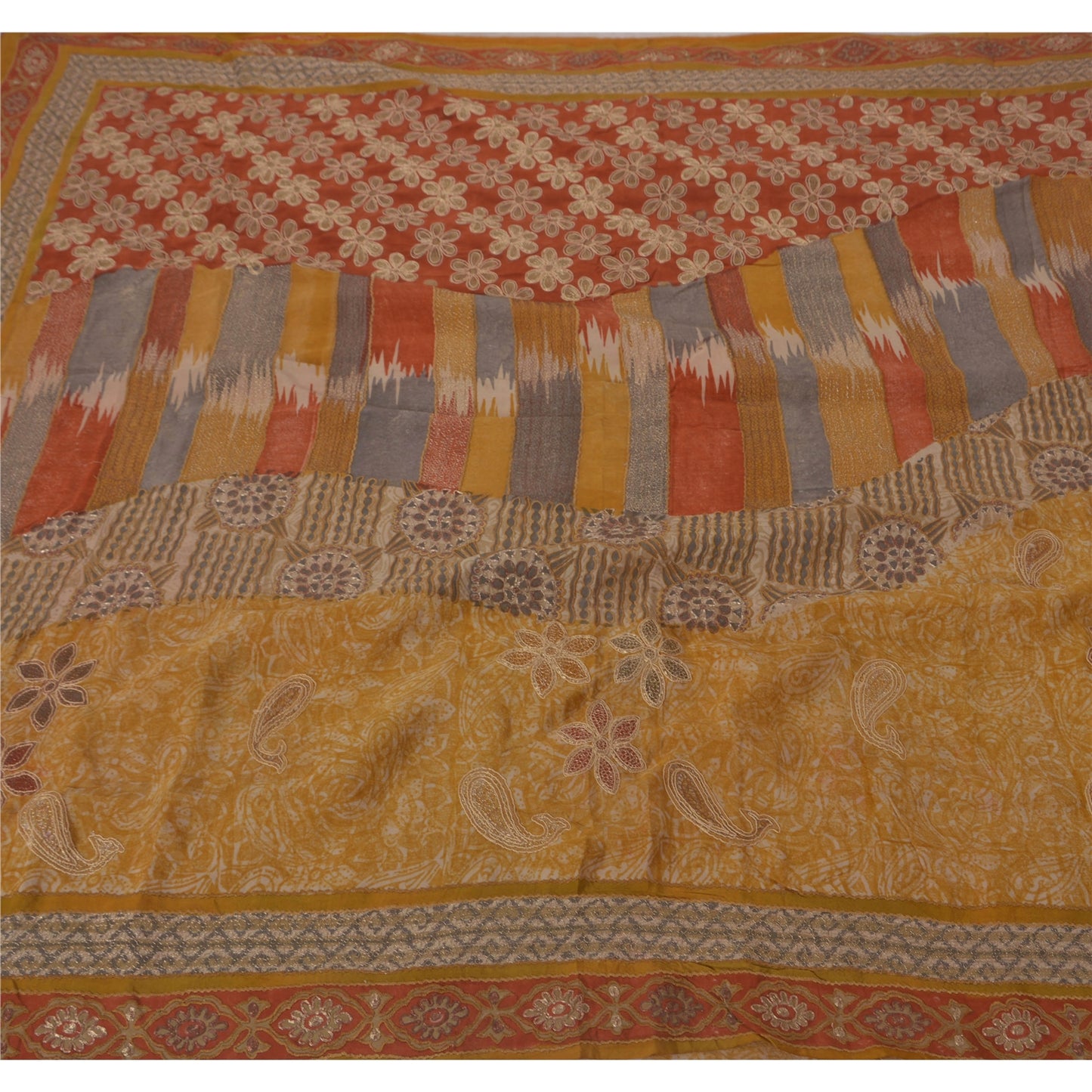 Sanskriti Vintage Yellow Saree Pure Crepe Silk Sustainable Fabric Embroidery Zari Craft Sari