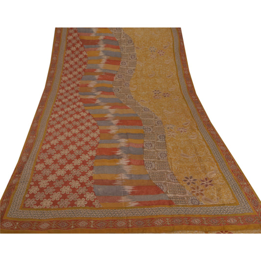 Санскритское винтажное желтое сари из чистого крепированного шелка, устойчивая ткань, вышивка, сари для рукоделия Zari