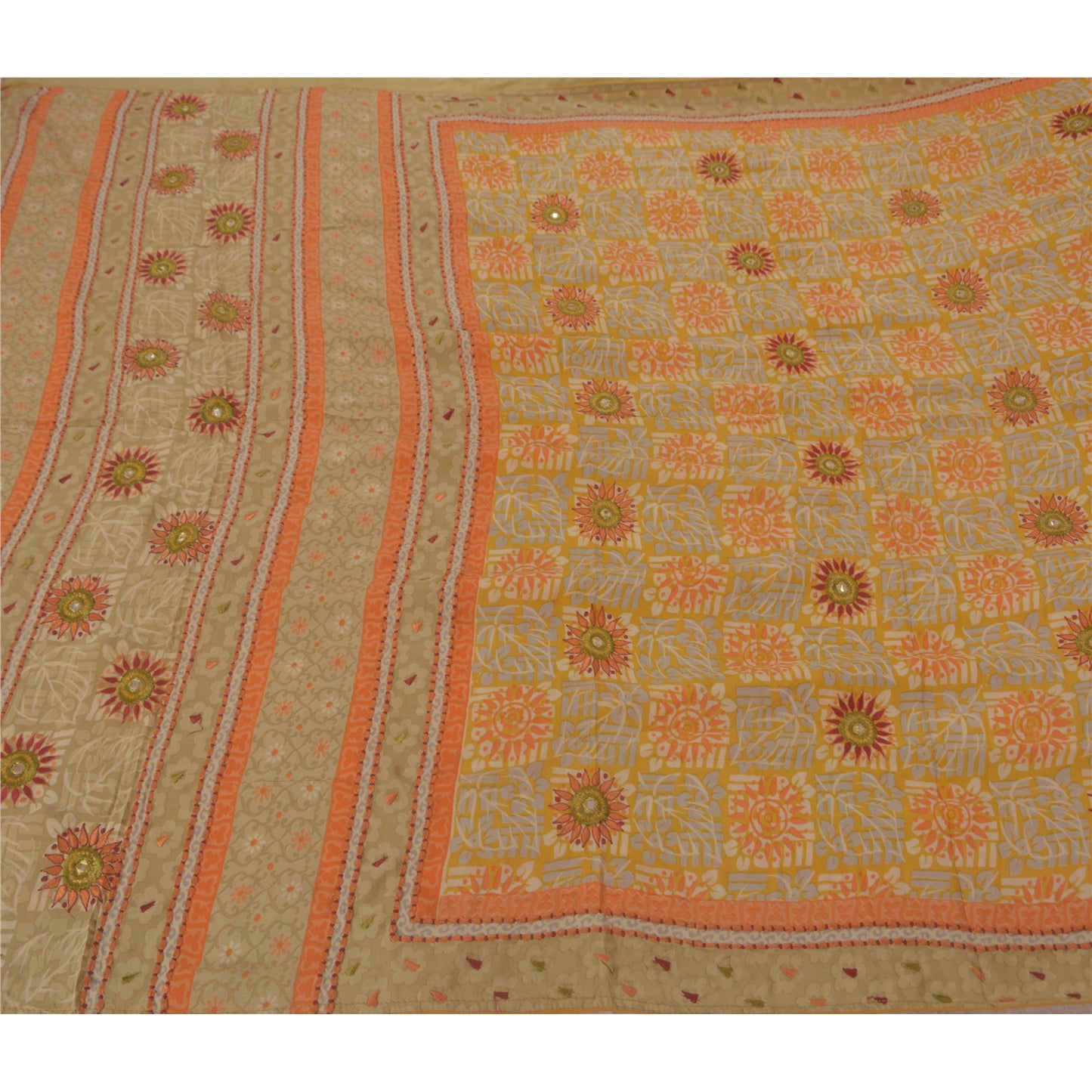 Sanskriti Vintage Yellow Saree Pure Crepe Silk Hand Beaded Sustainable Fabric Craft Sari