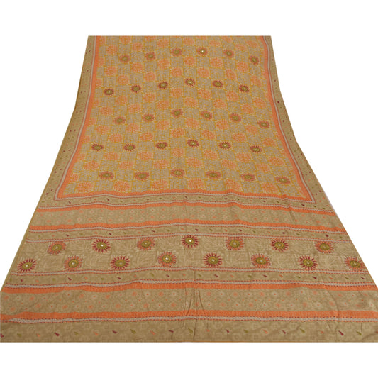 Sanskriti Vintage Yellow Saree Pure Crepe Silk Hand Beaded Sustainable Fabric Craft Sari