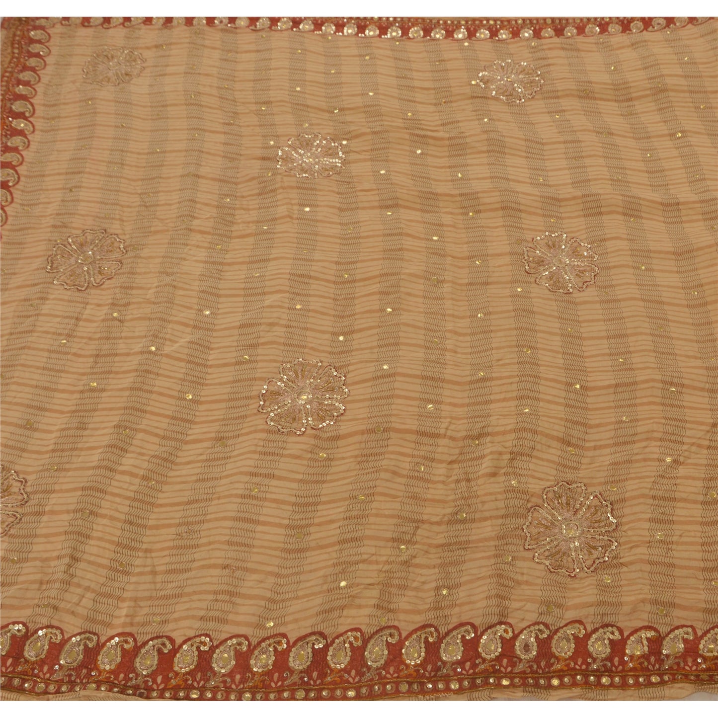 Sanskriti Vintage Cream Saree Pure Crepe Silk Hand Beaded 5 Yd Sustainable Fabric Craft Sari