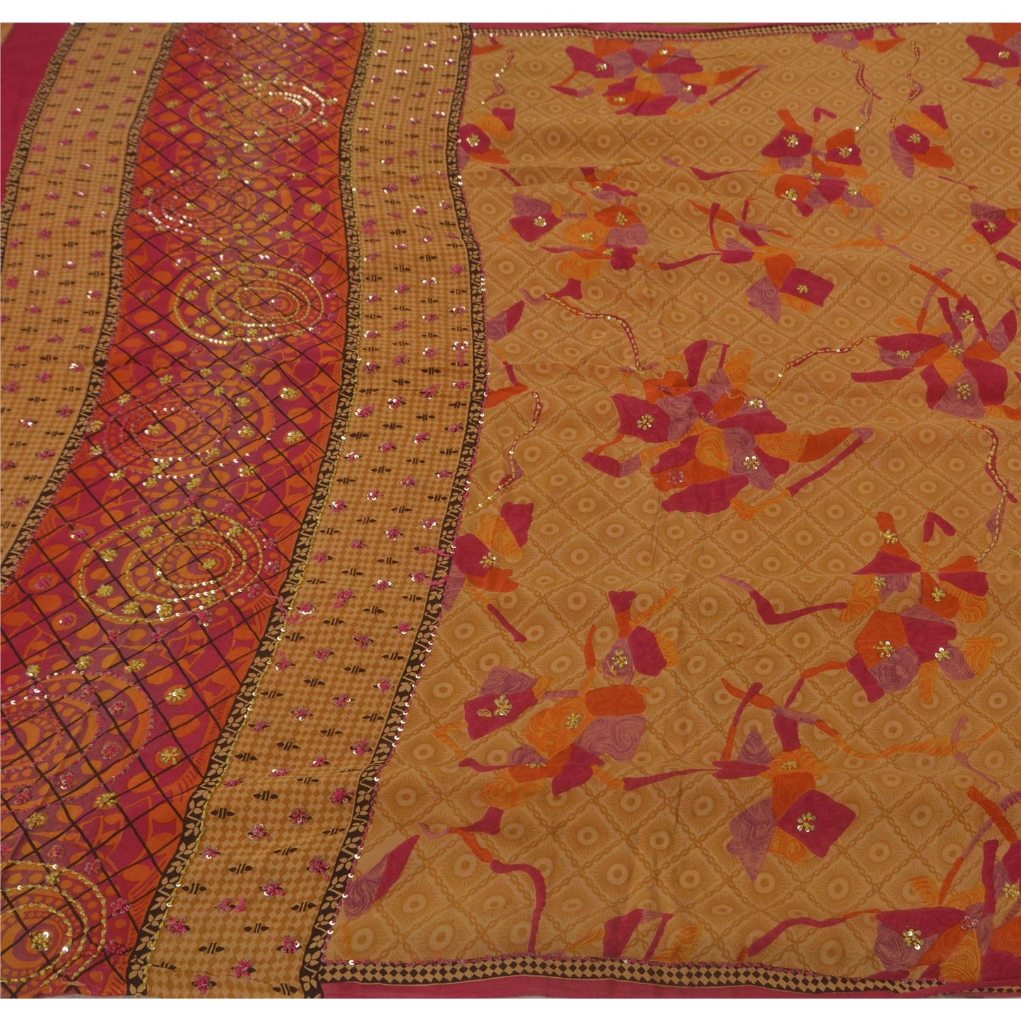 Sanskriti Vintage Cream Saree Pure Crepe Silk Sustainable Fabric Hand Beaded Premium Sari