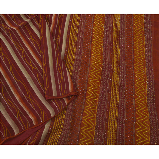 Sanskriti Vintage Red Saree Pure Georgette Silk Hand Beaded Sustainable Fabric Craft Sari